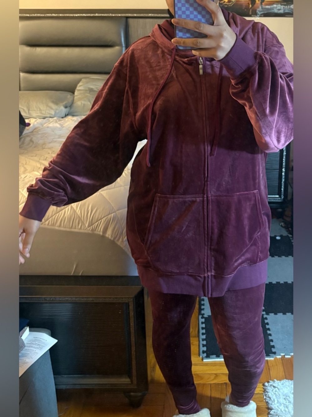 Fashion Nova Women's Velvet Track Jogger Set in Deep Burgundy